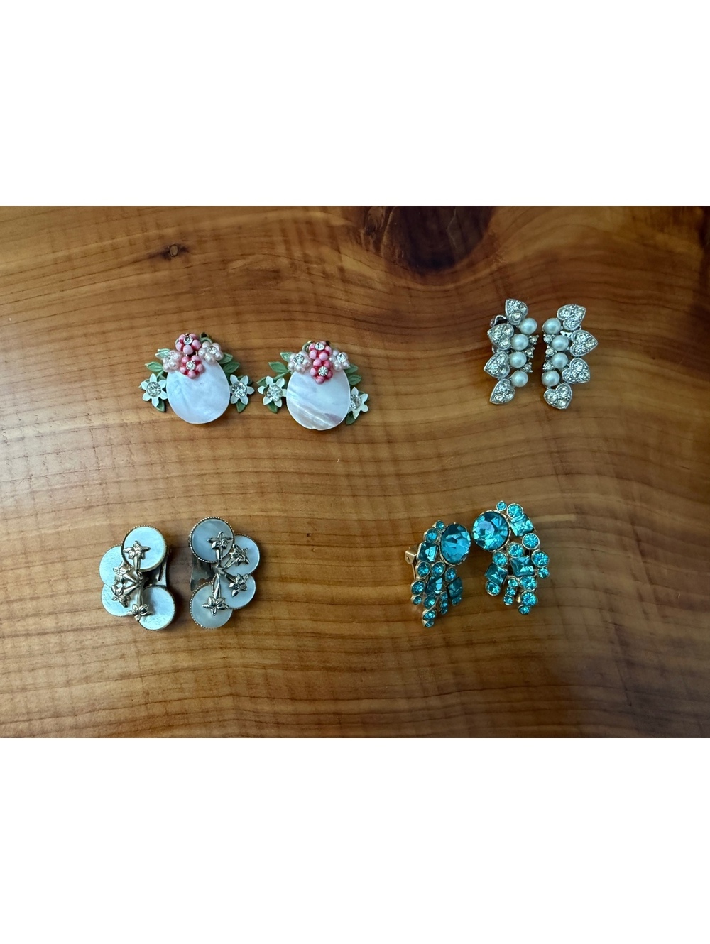 Lot of 4, Vintage Clip On Earrings Rhinestone/Faux Pearl/Floral Costume Jewelry